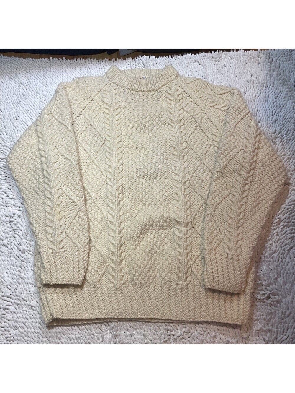 Vintage Irish Aran Sweater Mens L/XL Beige Fisherman Knit Wool Chunky Heayweight